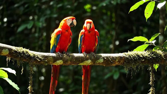 A vibrant pair of scarlet macaws perched together on a mossy tree branch in a sun-dappled tropical rainforest