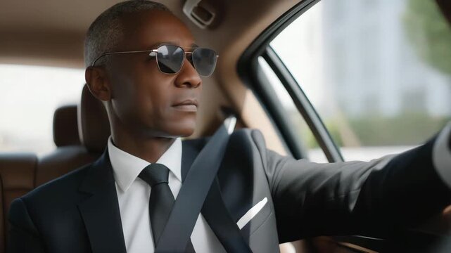 Executive chauffeur ensuring privacy and security with tinted glass limousine while transporting VIP politician, symbolizing trusted professional service, high-class transportation, confidential