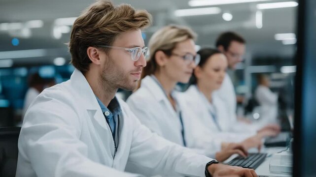 Laboratory scene with researchers monitoring nanorobot movement in liquid medium, displaying attentive expressions, symbolizing precision nanotechnology, AI integration, and futuristic scientific