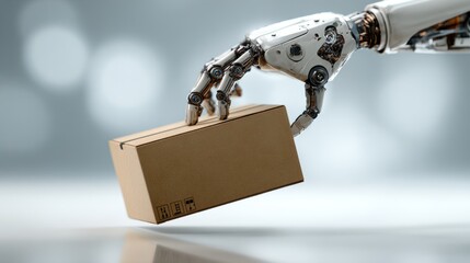 Futuristic robotic hand holding cardboard box symbolizing artificial intelligence and automation