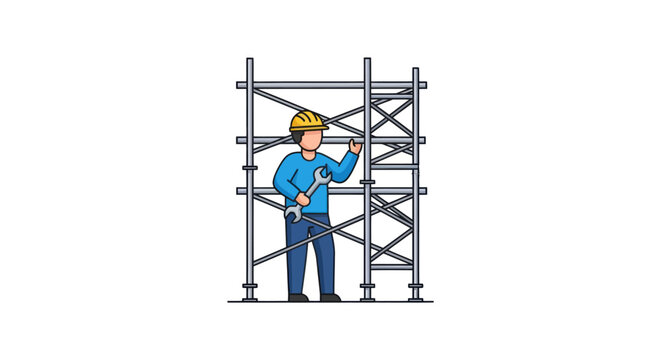 Cartoon construction worker in a yellow hard hat assembling metal scaffolding.