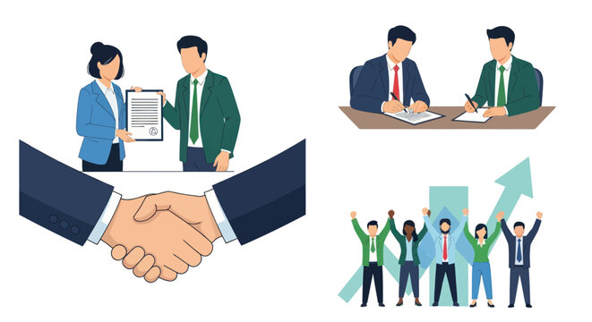 Business professionals collaborating and celebrating success in diverse scenarios.