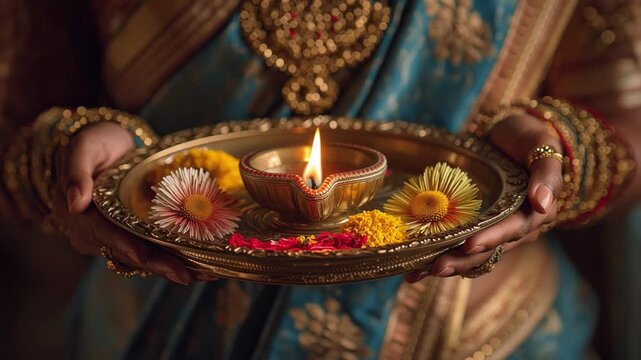 Woman in nauvari saree holding brass aarti thali