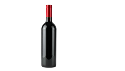 A dark glass bottle of red liquid, with a red top, against a black background