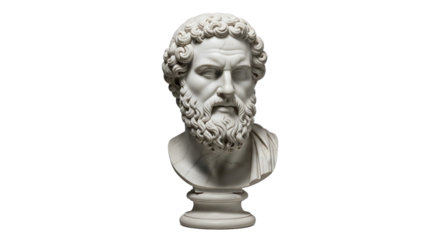White marble bust of a man with curly hair and beard in classical style, isolated on transparent background