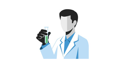 Scientist in lab coat holding test tube with green liquid.
