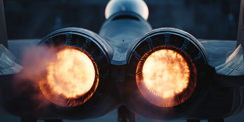 Twin jet engine exhaust nozzles glowing with intense heat and raw power captured in a dynamic motion shot