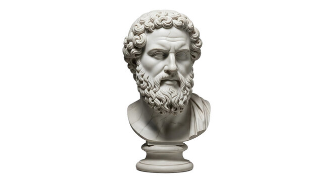 White marble bust of a man with curly hair and beard in classical style, isolated on transparent background - Powered by Adobe