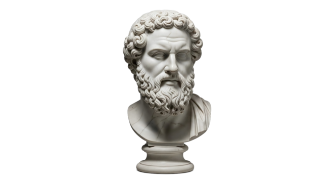 White marble bust of a man with curly hair and beard in classical style, isolated on transparent background