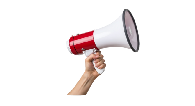 Hand holding red and white megaphone loudspeaker isolated on transparent background