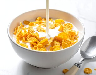 Milk pouring onto cereal flakes in a white bowl with a spoon