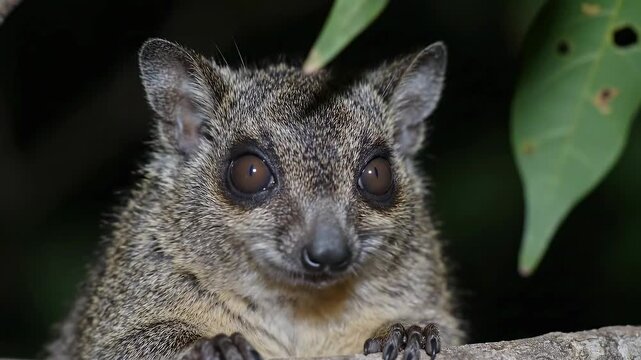 Close up of a furry rock hyrax with large curious eyes peeking from behind green leaves in a natural outdoor setting