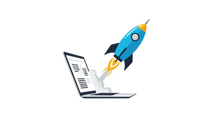Blue cartoon rocket ship launching from a laptop screen symbolizing a business startup and growth.