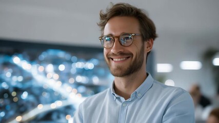 Urban planner smiling while simulating smart traffic flow scenarios, symbolizing AI-driven city management, predictive analytics, and emotional satisfaction from efficient urban solutions.