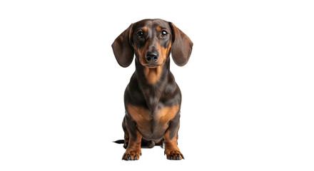 Brown and tan short-haired dachshund dog sitting upright isolated on transparent background