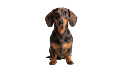 Brown and tan short-haired dachshund dog sitting upright isolated on transparent background
