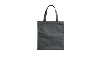 A simple gray tote bag stands upright against a black backdrop, showing handles