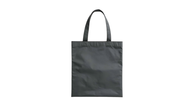 A simple gray tote bag stands upright against a black backdrop, showing handles