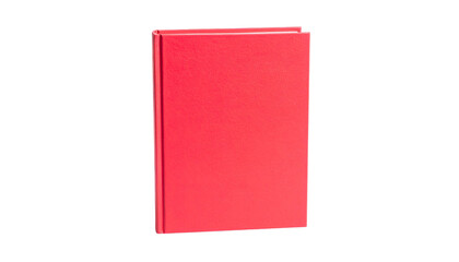 A vibrant red, hardback book against a stark black background, standing upright