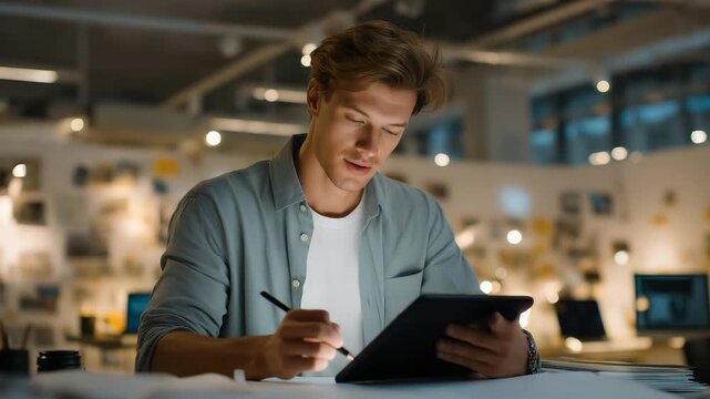 A graphic intern creates animations in a studio with tablets glowing, storyboards pinned, coffee cups cooling, and music playing softly, rendered in a dynamic photo with frame transitions, paper