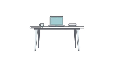 Minimalist line art illustration of a modern desk with a laptop mug and books.