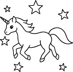 magical unicorn flying through stars illustration on transparent background