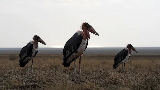 Three marabou storks stand in a dry grassy savanna landscape under a bright sky