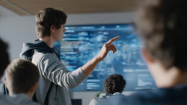 Futuristic study room with digital assistant hologram guiding a student through learning tasks, projecting interactive data, and offering personalized support, symbolizing AI in education and