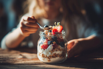 Healthy kid's yogurt parfait with granola, berries, and honey in a glass jar, wooden table with children's hands reaching for spoon. 