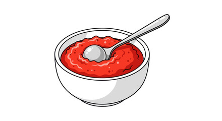 A white bowl filled with vibrant red tomato sauce and a silver spoon.