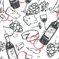 Seamless pattern with wine and snack. Wine glass, cheese, grapes, bottle, glass and wine stains in ink linear sketch style. Background for packaging, wallpaper or package.