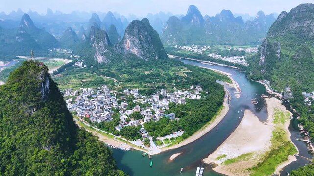 View of Li River with karst peaks at Xingping Ancient Town in the Guangxi Region, China