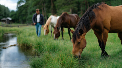 Defocused rancher walking through field with sharp horses peacefully feeding on fresh grass near stream, with copy space