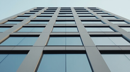 Symmetric shot of a high-rise building with clear glass windows and gray aluminum cladding. The building stretches towards the sky, capturing its height and architectural design.