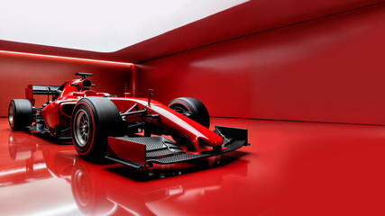 Red Formula 1 Racing Car in Modern Studio with Reflective Floor. Copy Space