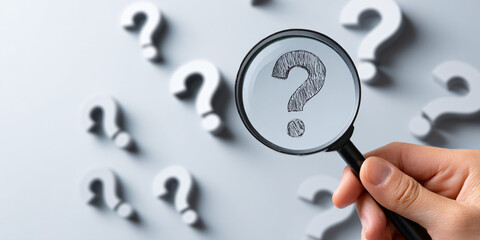 A hand holding a magnifying glass over a central question mark exploring the concept of inquiry and investigation in a conceptual illustration
