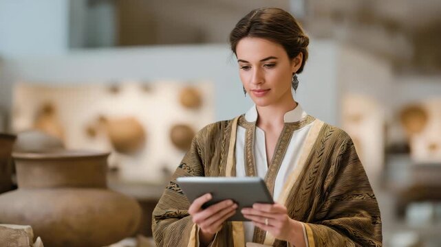 Museum curator cataloging ancient pottery pieces on a tablet with AI-assisted identification software, symbolizing the fusion of archaeology, artificial intelligence, and modern cultural data
