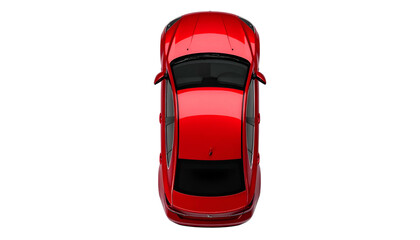 A glossy red vehicle, top-down view, on a black background. The car is centered