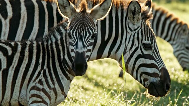 Two zebras one adult and one young zebra are standing in a grassy field during daylight with sunlight illuminating their distinctive black and white stripes