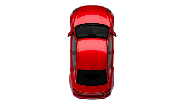 A glossy red vehicle, top-down view, on a black background. The car is centered