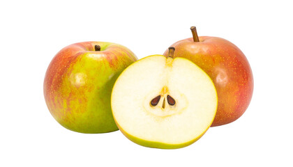 Three apples, one cut in half, showing seeds and texture, set against black