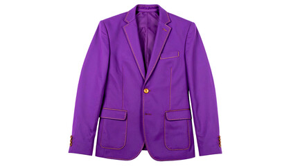 Vibrant purple tailored jacket with gold stitching and button on plain black background