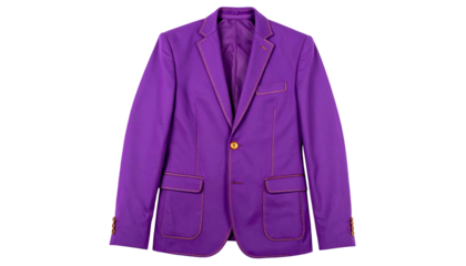 Vibrant purple tailored jacket with gold stitching and button on plain black background