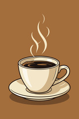 Coffee icon collection - vector outline illustration and silhouette. Hot steaming cup of coffee on wooden table in cozy cafe interior. Warm morning beverage, relaxing atmosphere, inviting coffee shop,