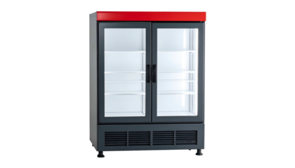 Upright double-door cooler cabinet with clear glass doors, red top, and grey frame