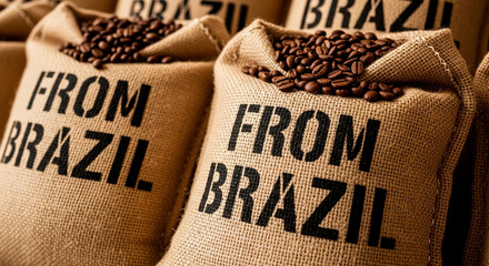 Closeup of Several Coffee Sacks Labeled "From Brazil"
