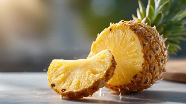 Freshly cut pineapple slice with visible juice and texture