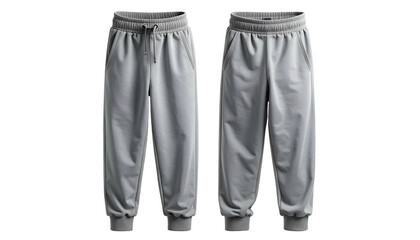 Two grey sweatpants side-by-side, front view, with drawstring waist and cuffed ankles, isolated