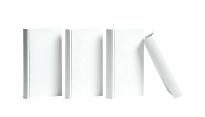 Three upright white books, fourth leaning, all clean, minimalist, on a black background