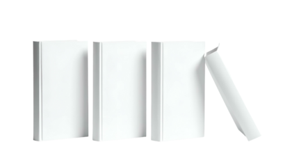 Three upright white books, fourth leaning, all clean, minimalist, on a black background